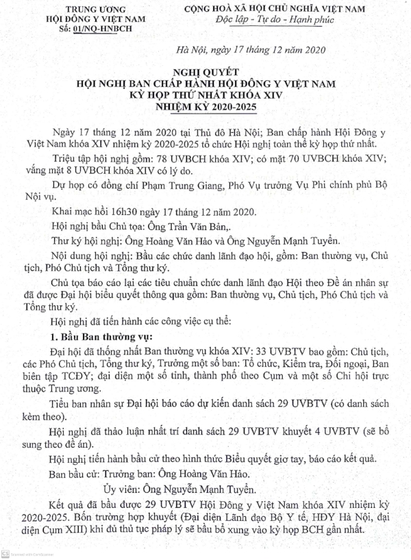 Nghị quyết Hội nghị Ban chấp hành Hội Đông y Việt Nam, Kỳ họp thứ nhất khóa XIV, Nhiệm kỳ 2020-2025