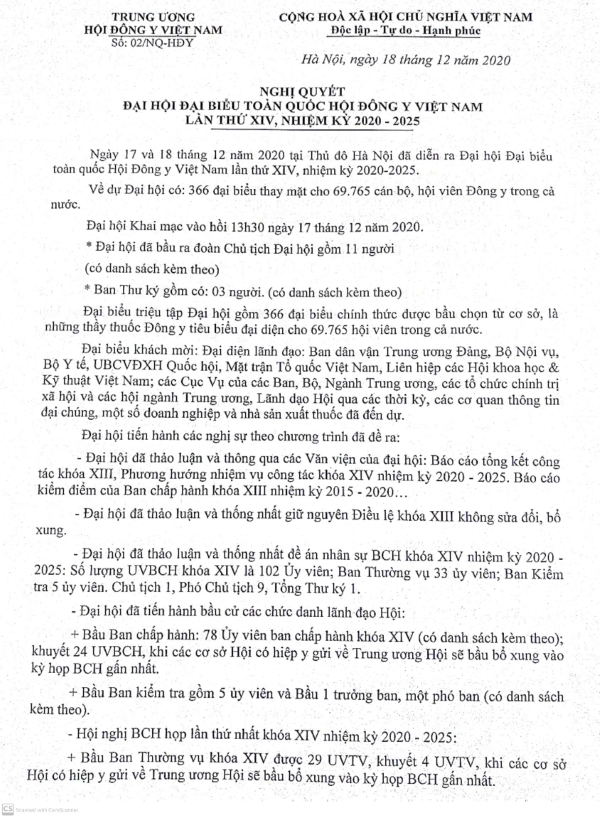 Nghị quyết Đại hội đại biểu toàn quốc Hội Đông y Việt Nam lần thứ XIV, Nhiệm kỳ 2020-2025