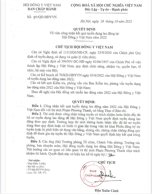 Thông báo niêm yết công khai Quyết định tuyển dụng; danh sách người trúng tuyển kỳ xét tuyển lao động năm 2022 – Hội Đông y Việt Nam